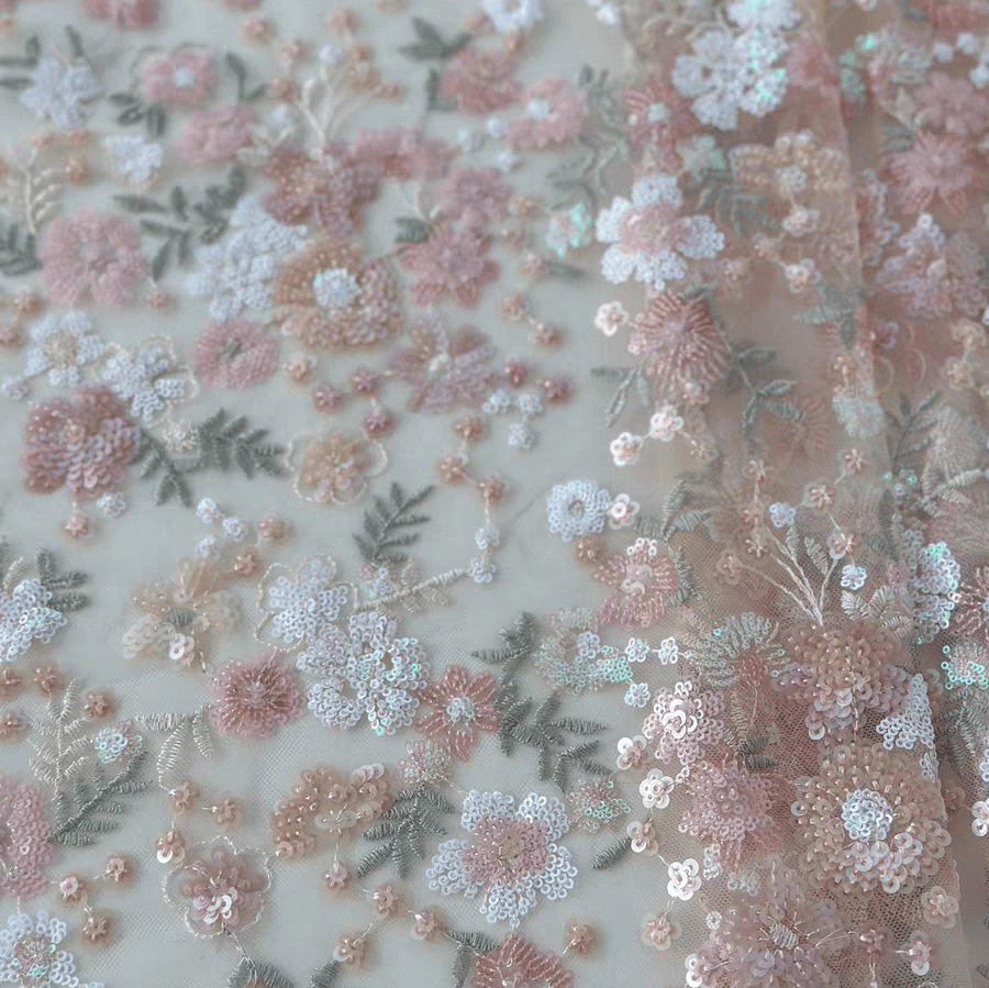 Multicolored Floral Sequin Embroidered Tulle Lace Fabric - WonderlandByLilian