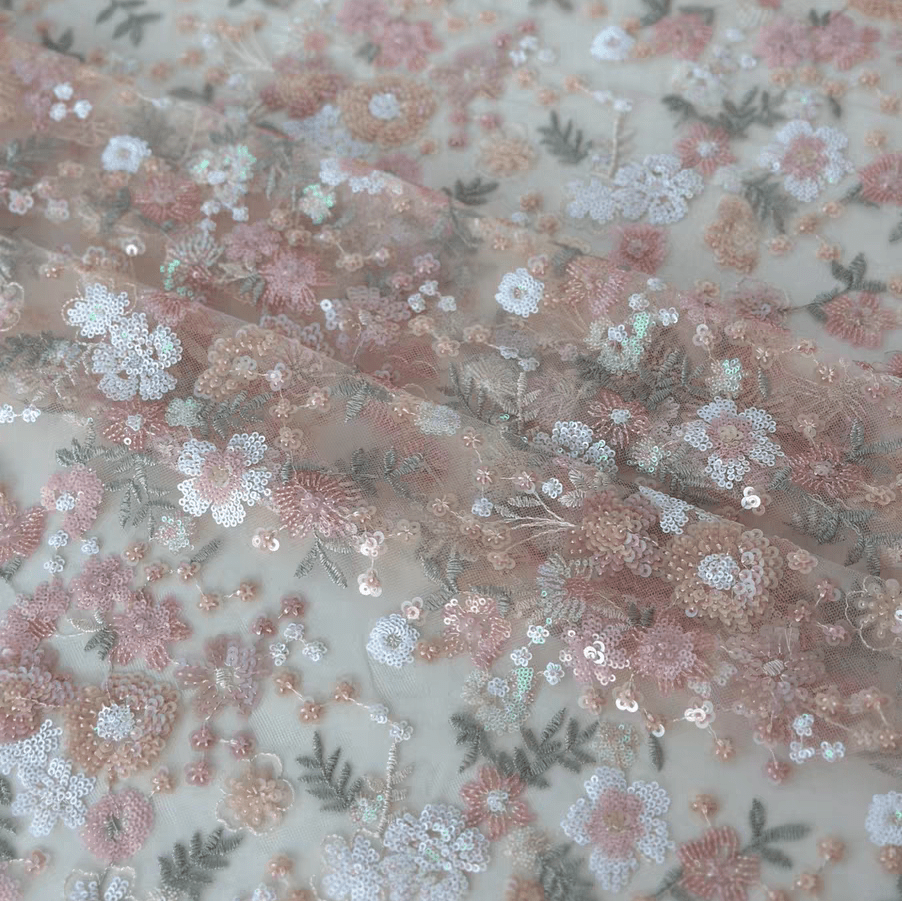 Multicolored Floral Sequin Embroidered Tulle Lace Fabric - WonderlandByLilian