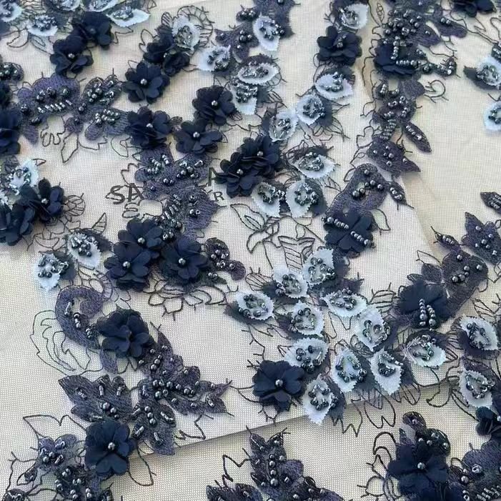 Navy 3D Floral Lace Fabric - WonderlandByLilian