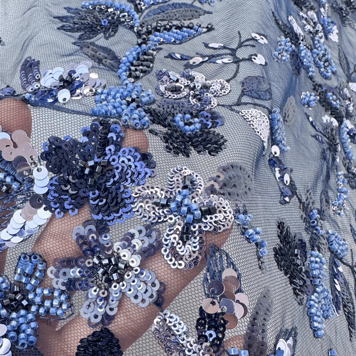 Navy Blue and Lilac Sequin Floral Embroidered Lace Fabric - WonderlandByLilian