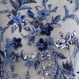 Navy Blue and Lilac Sequin Floral Embroidered Lace Fabric - WonderlandByLilian