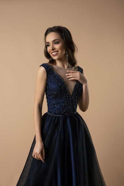 Navy Blue Beaded A-Line Evening Gown with Plunging V-Neckline - Ball Gown with Flowing Tulle Plus Size - WonderlandByLilian