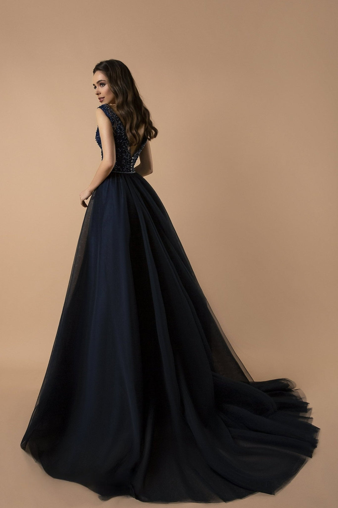 Navy Blue Beaded A-Line Evening Gown with Plunging V-Neckline - Ball Gown with Flowing Tulle Plus Size - WonderlandByLilian