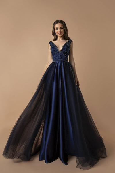 Navy Blue Beaded A-Line Evening Gown with Plunging V-Neckline - Ball Gown with Flowing Tulle Plus Size - WonderlandByLilian