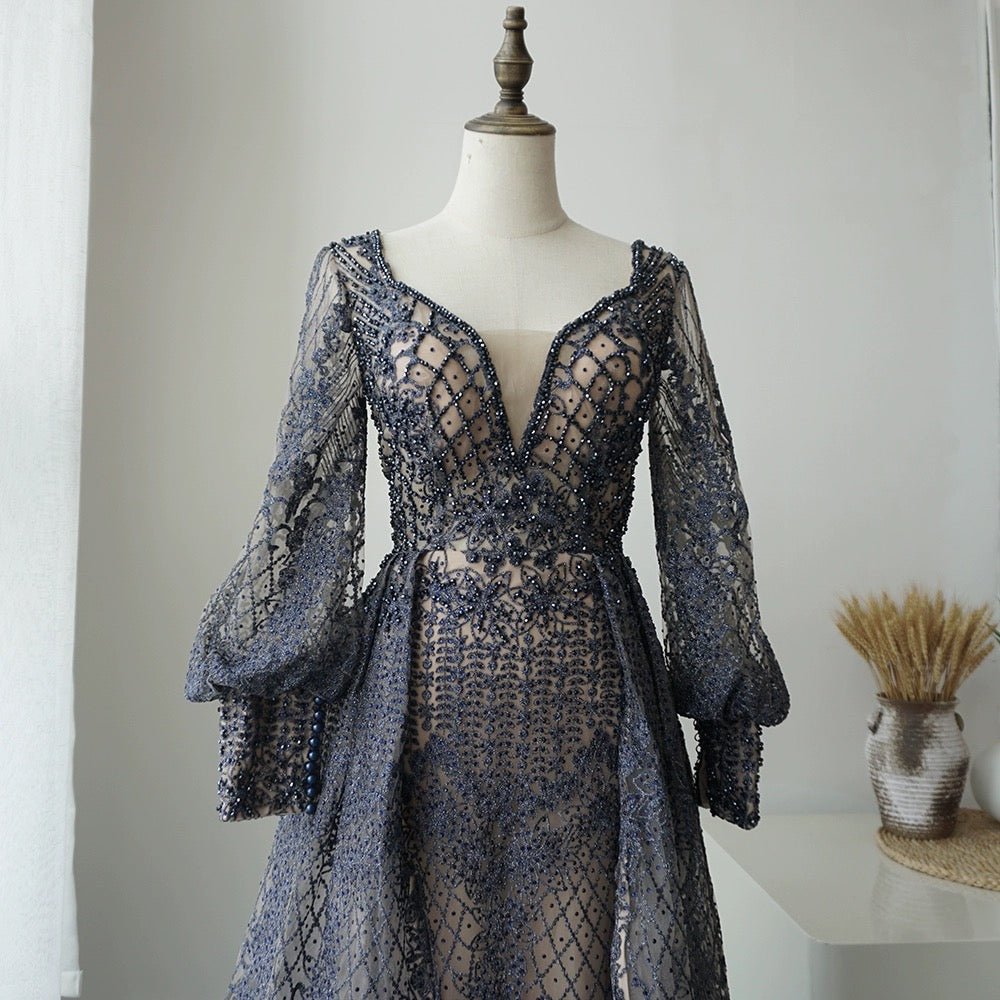 Navy Blue Lace Evening Dress - Elegant Long Sleeve Gown with Sequin Details Plus Size - WonderlandByLilian