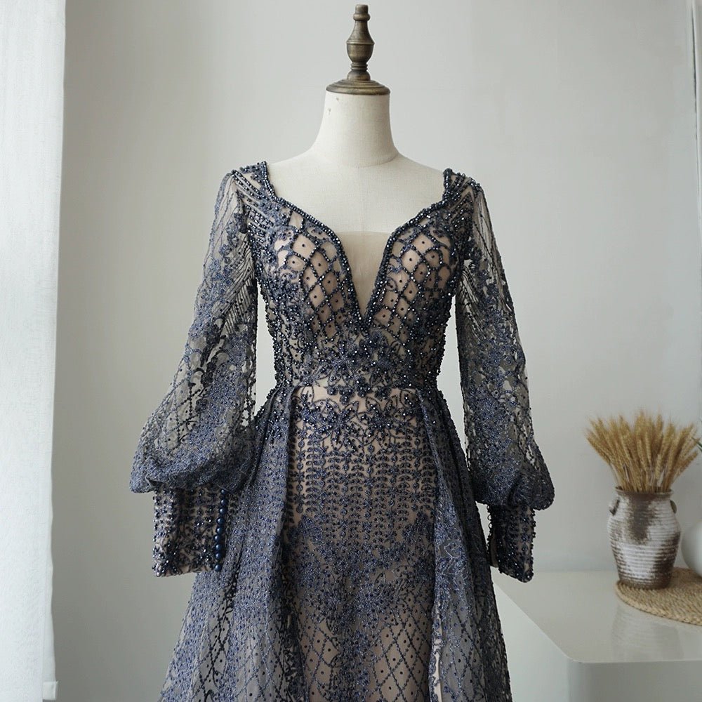 Navy Blue Lace Evening Dress - Elegant Long Sleeve Gown with Sequin De WonderlandByLilian Navy Blue Lace Evening Dress - Elegant Long Sleeve Gown with Sequin De WonderlandByLilian