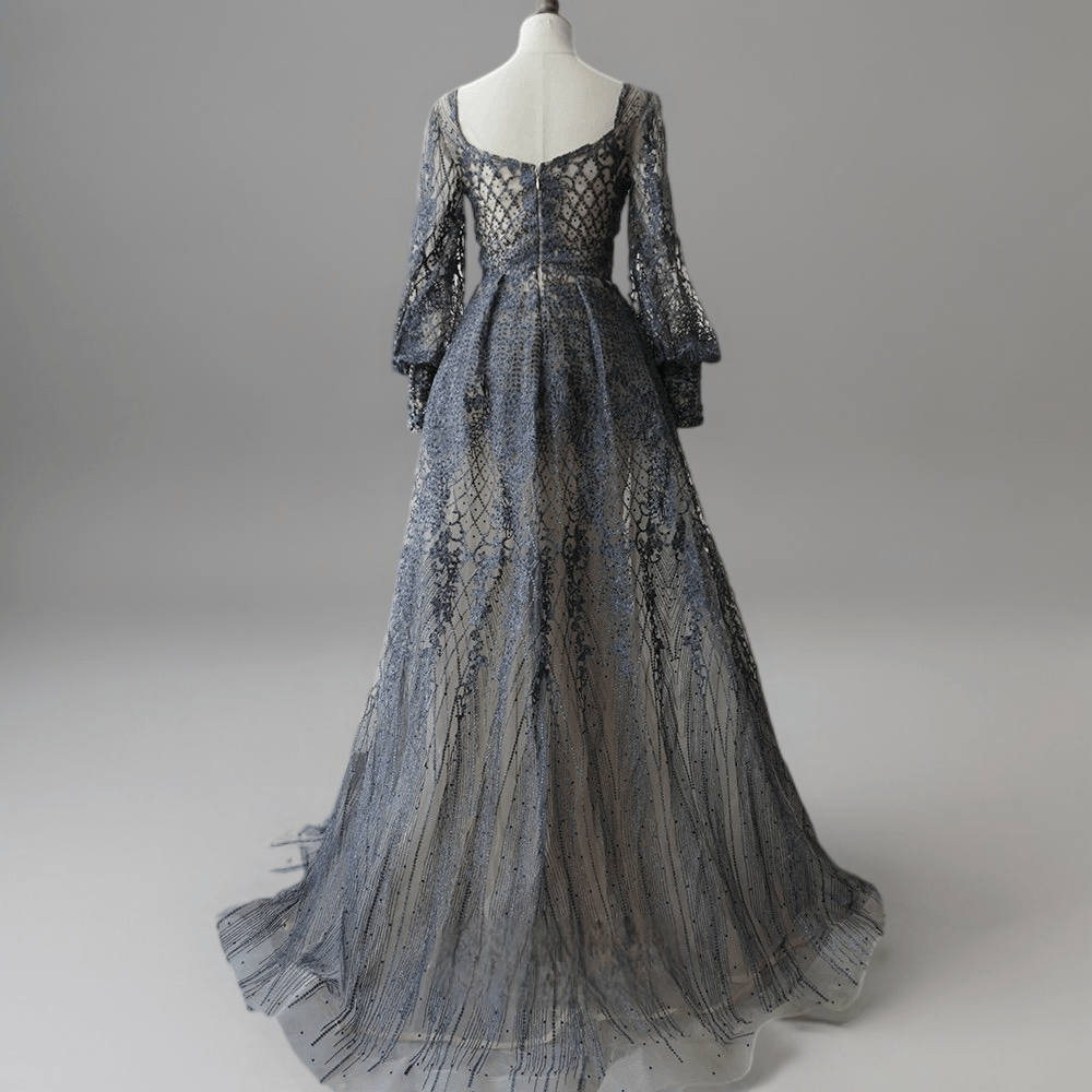 Navy Blue Lace Evening Dress - Elegant Long Sleeve Gown with Sequin Details Plus Size - WonderlandByLilian