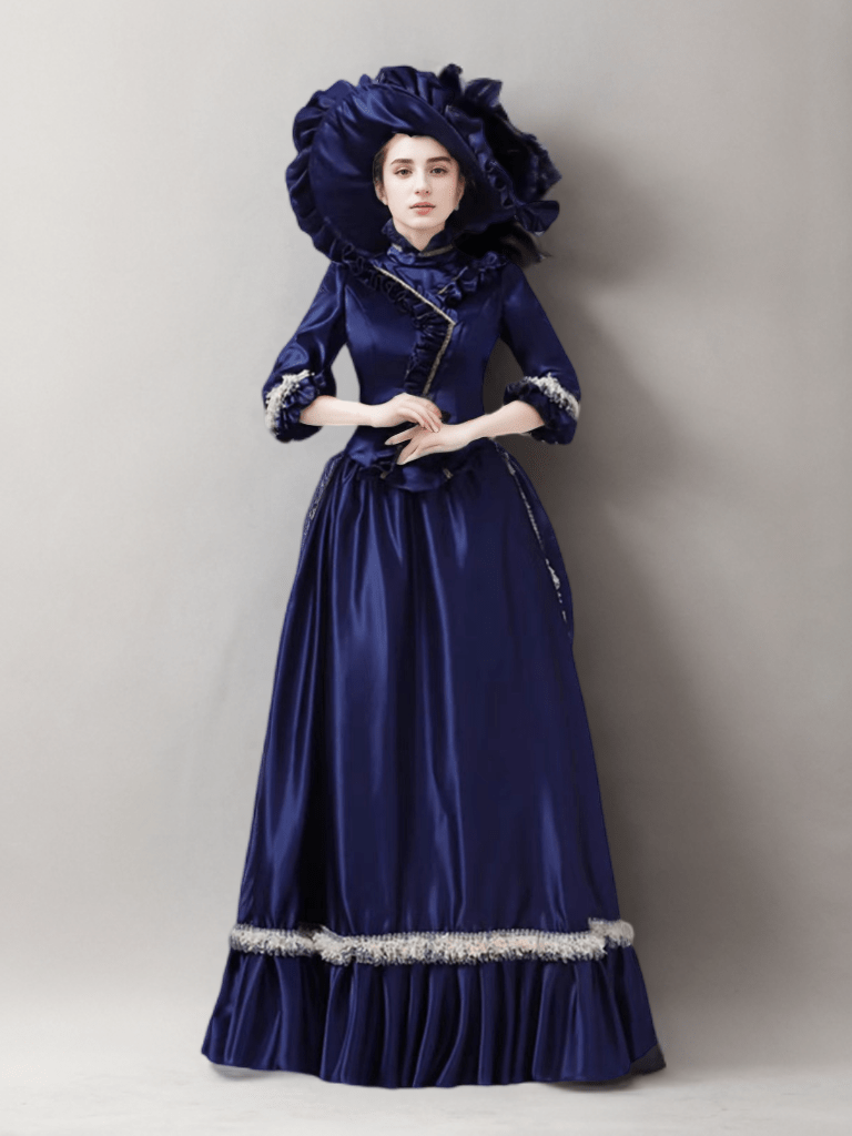 Navy Blue Majesty Medieval Dress with Regal Elegance – Golden Lace Baroque Ball Gown Plus Size - WonderlandByLilian