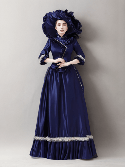 Navy Blue Majesty Medieval Dress with Regal Elegance – Golden Lace Baroque Ball Gown Plus Size - WonderlandByLilian