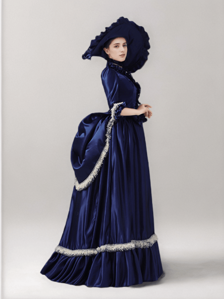 Navy Blue Majesty Medieval Dress with Regal Elegance – Golden Lace Baroque Ball Gown Plus Size - WonderlandByLilian