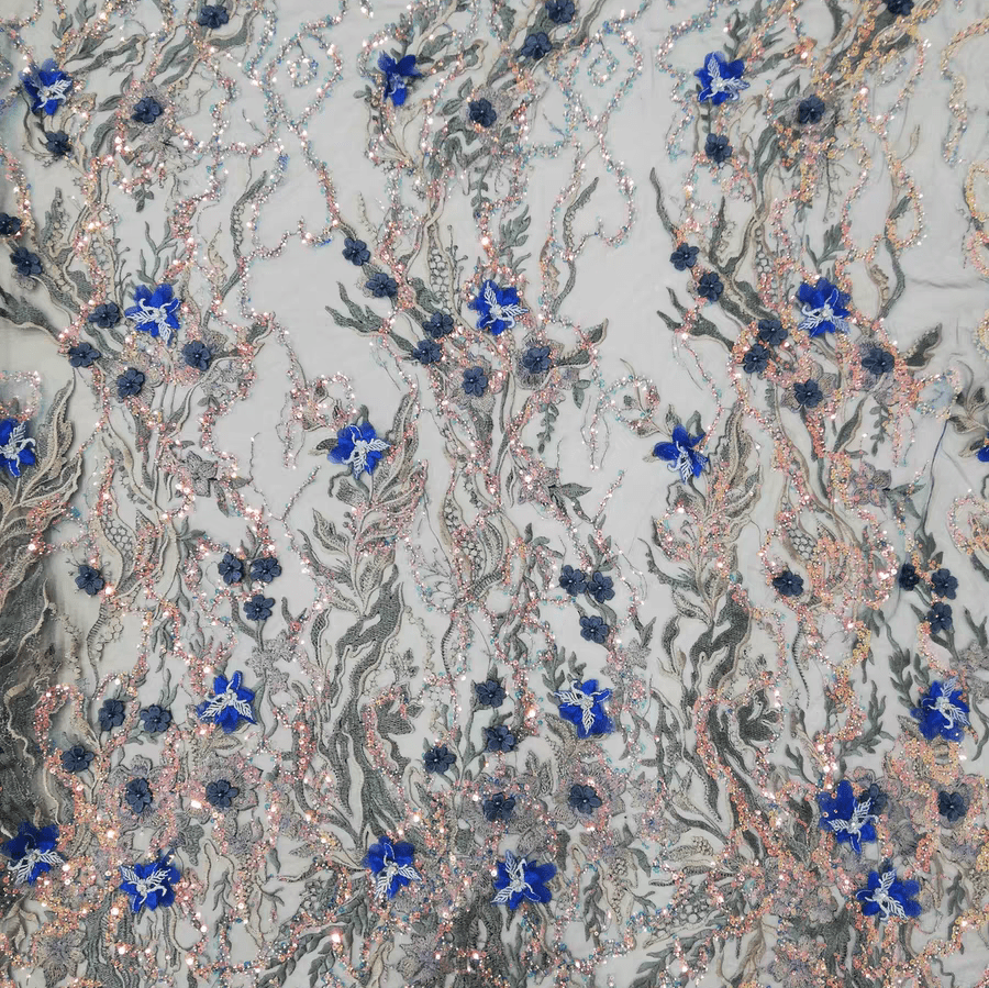 Navy Floral Embroidered Tulle with Sequins Fabric - WonderlandByLilian