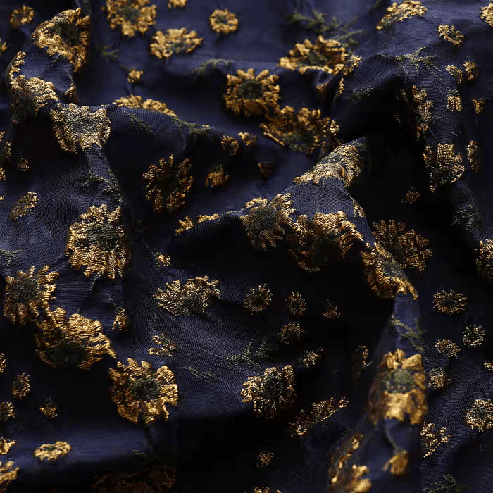 Navy Floral Jacquard Fabric with Metallic Embroidery - WonderlandByLilian