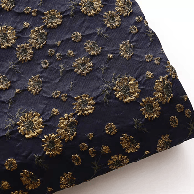 Navy Floral Jacquard Fabric with Metallic Embroidery - WonderlandByLilian