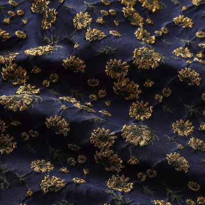 Navy Floral Jacquard Fabric with Metallic Embroidery - WonderlandByLilian