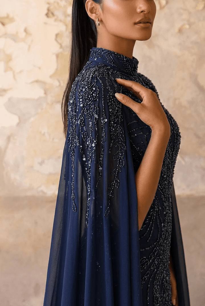 Navy High Neck Sequin Evening Gown with Cape – Sparkly Maxi Dress with Beaded Detail and Flowing Train Plus Size - WonderlandByLilian