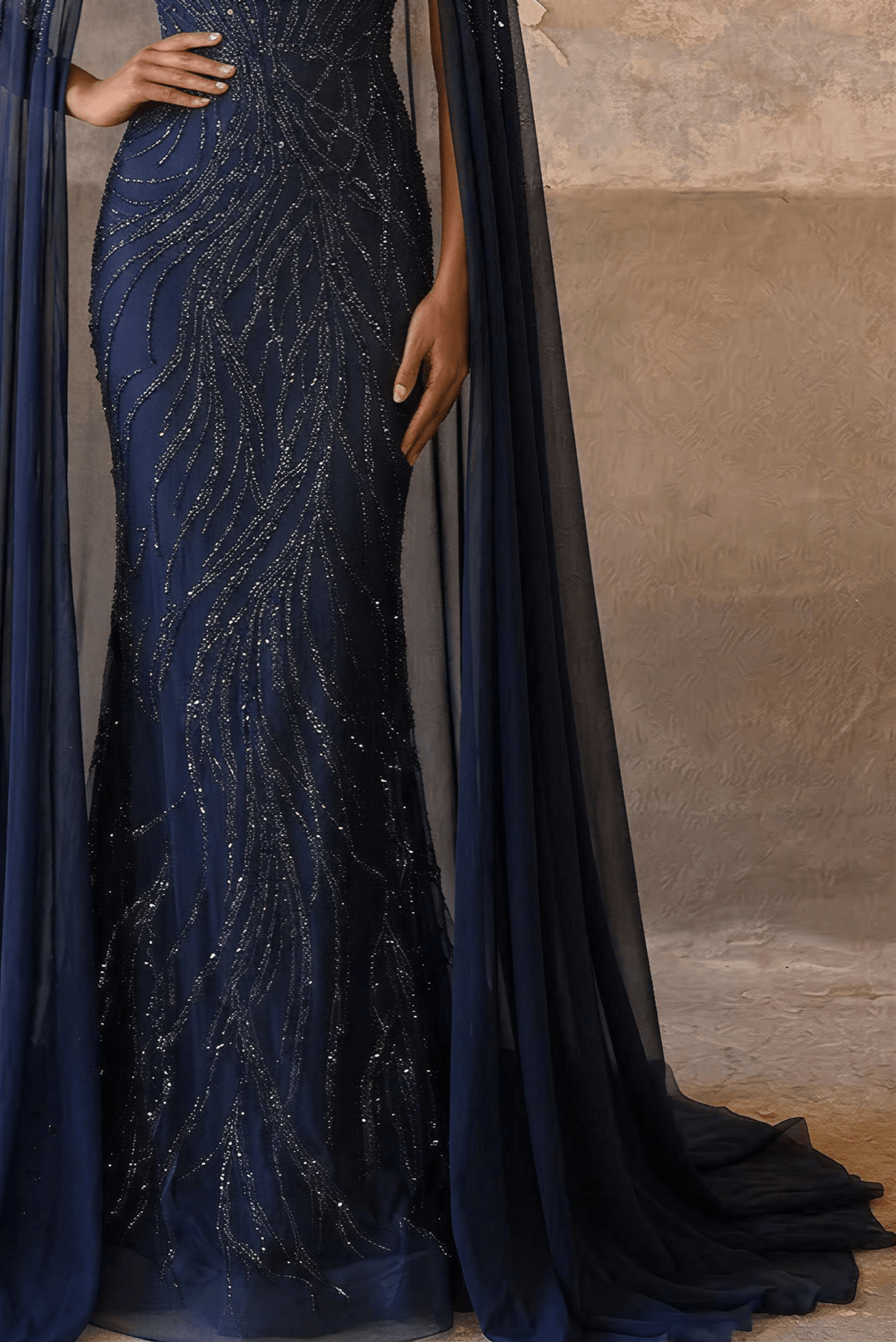 Navy High Neck Sequin Evening Gown with Cape – Sparkly Maxi Dress with Beaded Detail and Flowing Train Plus Size - WonderlandByLilian