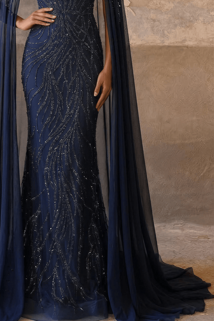 Navy High Neck Sequin Evening Gown with Cape – Sparkly Maxi Dress with Beaded Detail and Flowing Train Plus Size - WonderlandByLilian