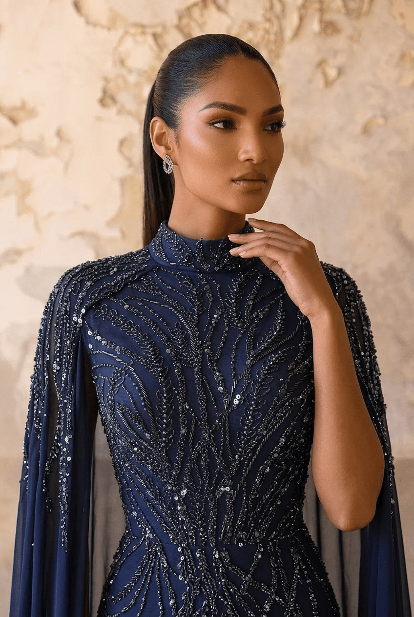 Navy High Neck Sequin Evening Gown with Cape – Sparkly Maxi Dress with Beaded Detail and Flowing Train Plus Size - WonderlandByLilian