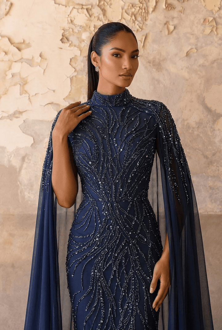 Navy High Neck Sequin Evening Gown with Cape – Sparkly Maxi Dress with Beaded Detail and Flowing Train Plus Size - WonderlandByLilian
