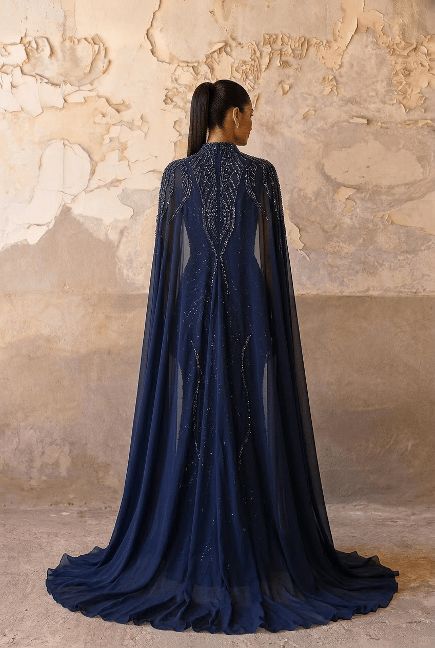 Navy High Neck Sequin Evening Gown with Cape – Sparkly Maxi Dress with Beaded Detail and Flowing Train Plus Size - WonderlandByLilian