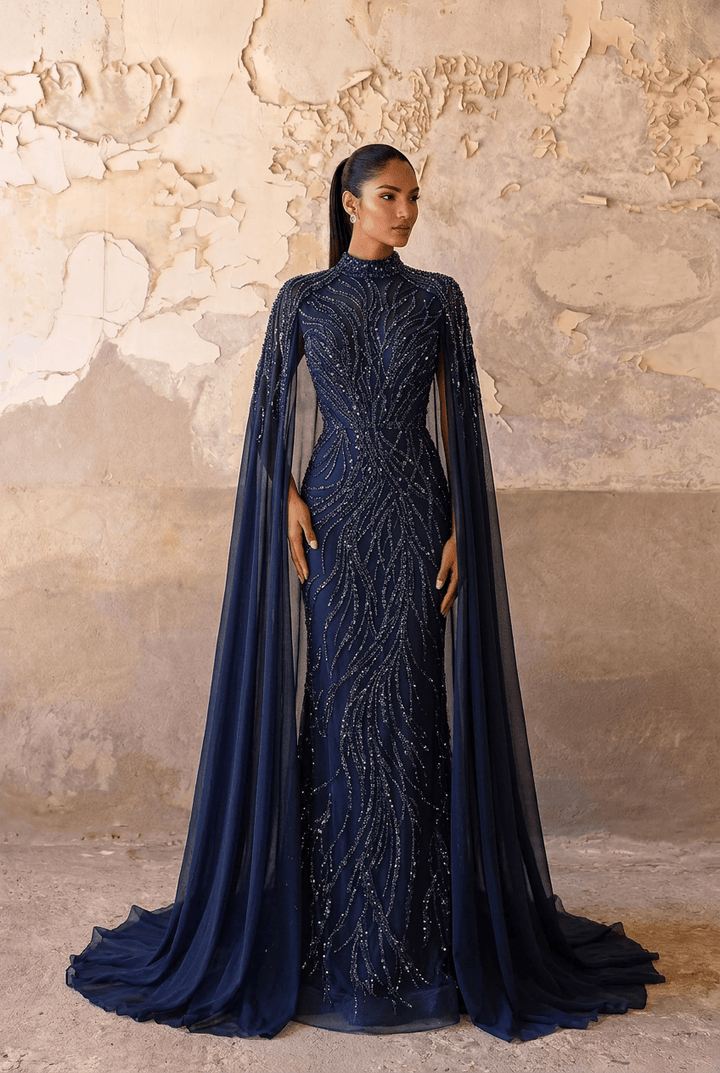 Navy High Neck Sequin Evening Gown with Cape – Sparkly Maxi Dress with Beaded Detail and Flowing Train Plus Size - WonderlandByLilian