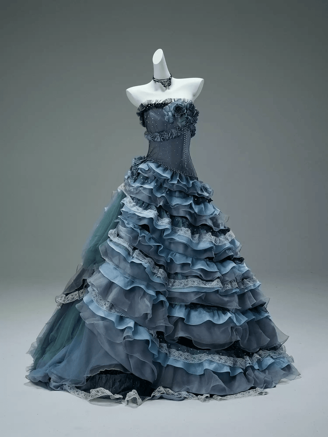 Navy Layered Tulle Ruffle Dress with Corset Bodice – Strapless Evening Dress with Floral Appliqué and Lace Details Plus Size - WonderlandByLilian