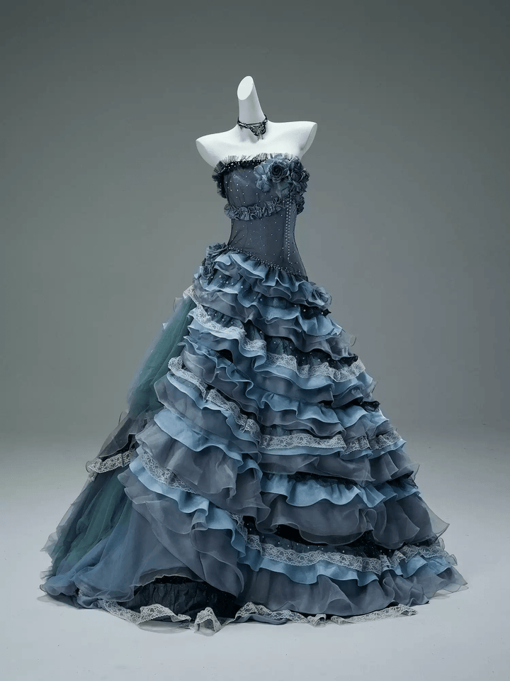 Navy Layered Tulle Ruffle Dress with Corset Bodice – Strapless Evening Dress with Floral Appliqué and Lace Details Plus Size - WonderlandByLilian