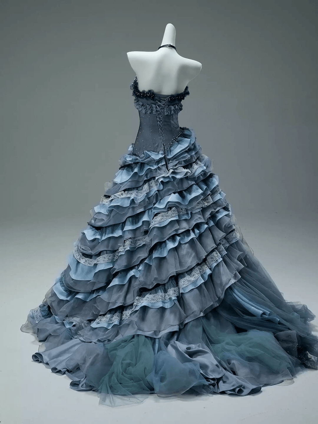 Navy Layered Tulle Ruffle Dress with Corset Bodice – Strapless Evening Dress with Floral Appliqué and Lace Details Plus Size - WonderlandByLilian