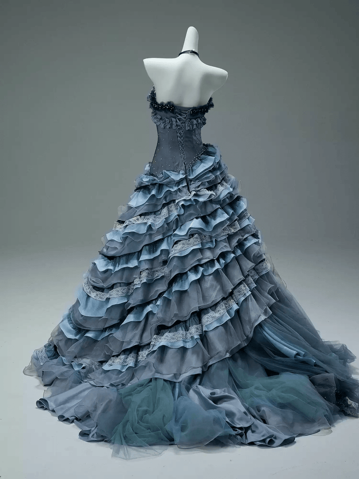 Navy Layered Tulle Ruffle Dress with Corset Bodice – Strapless Evening Dress with Floral Appliqué and Lace Details Plus Size - WonderlandByLilian