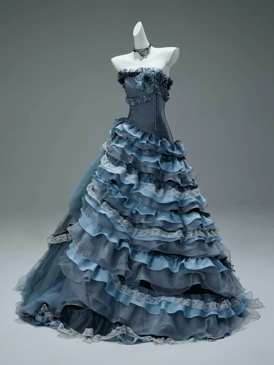 Navy Layered Tulle Ruffle Dress with Corset Bodice – Strapless Evening Dress with Floral Appliqué and Lace Details Plus Size - WonderlandByLilian