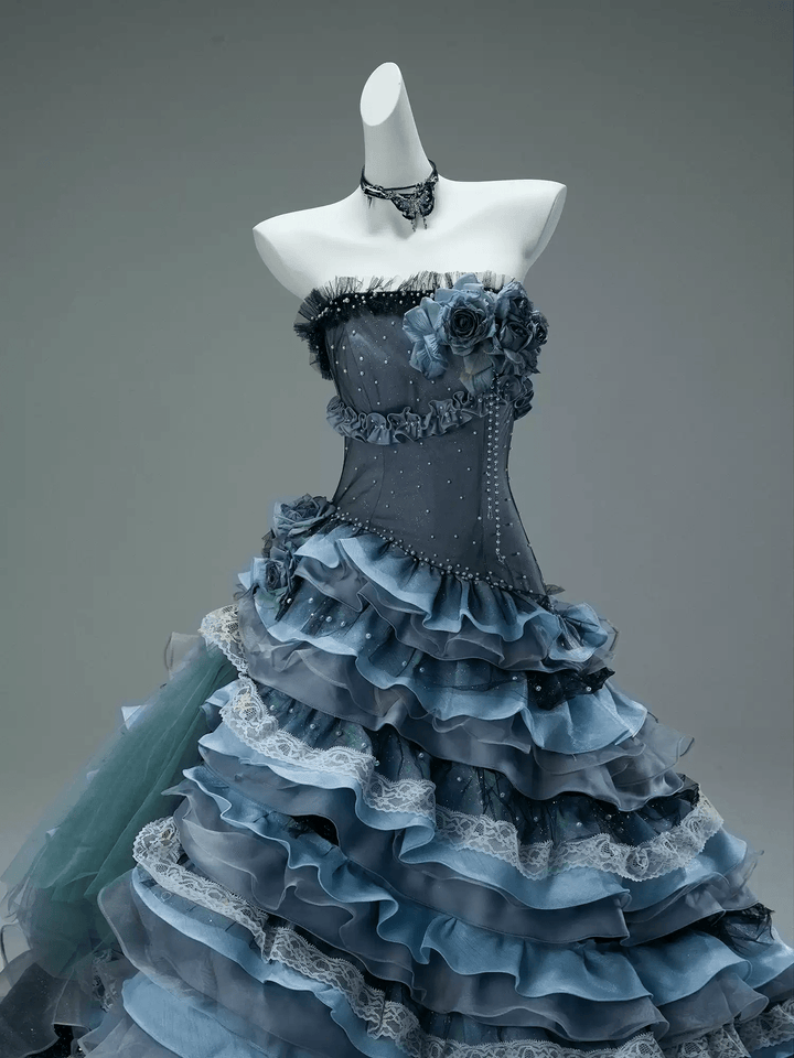 Navy Layered Tulle Ruffle Dress with Corset Bodice – Strapless Evening Dress with Floral Appliqué and Lace Details Plus Size - WonderlandByLilian