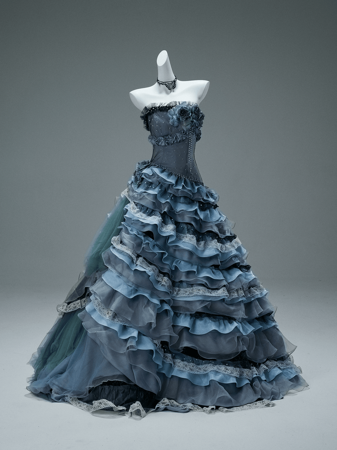 Navy Layered Tulle Ruffle Dress with Corset Bodice – Strapless Evening Dress with Floral Appliqué and Lace Details Plus Size - WonderlandByLilian