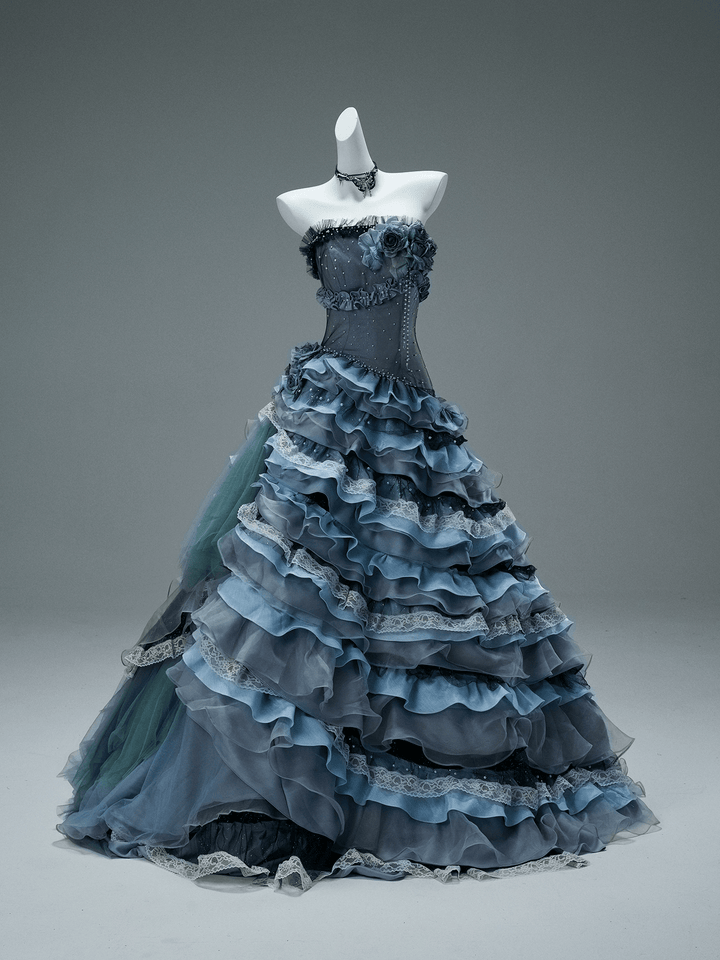 Navy Layered Tulle Ruffle Dress with Corset Bodice – Strapless Evening Dress with Floral Appliqué and Lace Details Plus Size - WonderlandByLilian