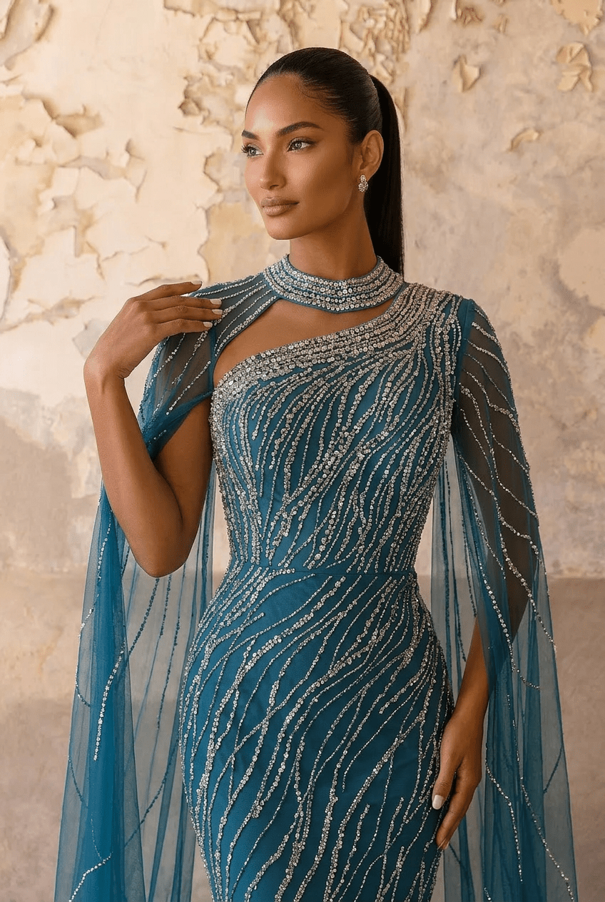 Navy One - Shoulder Sequin Evening Gown with Tulle Cape – Sparkly Maxi Dress with High Neck and Train Plus Size - WonderlandByLilian