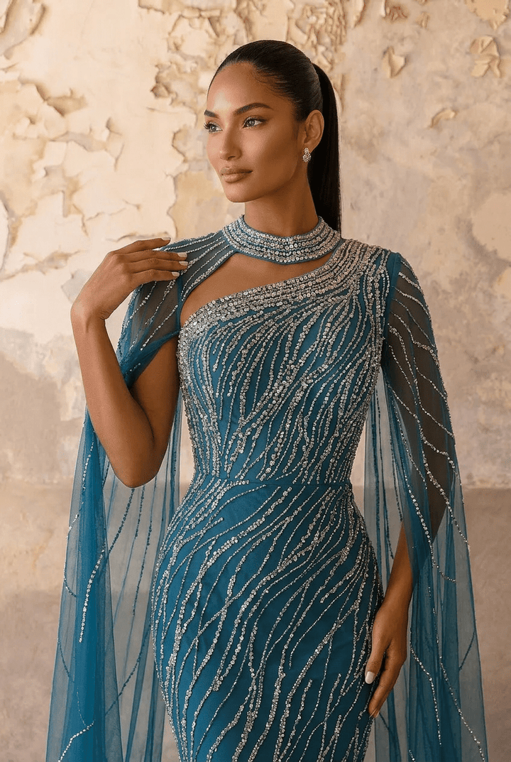 Navy One - Shoulder Sequin Evening Gown with Tulle Cape – Sparkly Maxi Dress with High Neck and Train Plus Size - WonderlandByLilian