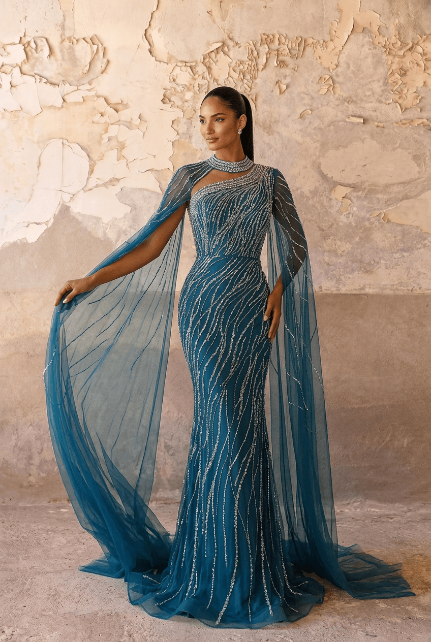 Navy One - Shoulder Sequin Evening Gown with Tulle Cape – Sparkly Maxi Dress with High Neck and Train Plus Size - WonderlandByLilian