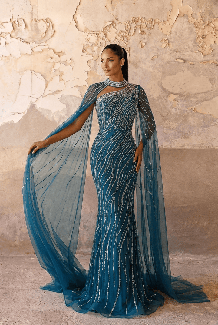 Navy One - Shoulder Sequin Evening Gown with Tulle Cape – Sparkly Maxi Dress with High Neck and Train Plus Size - WonderlandByLilian