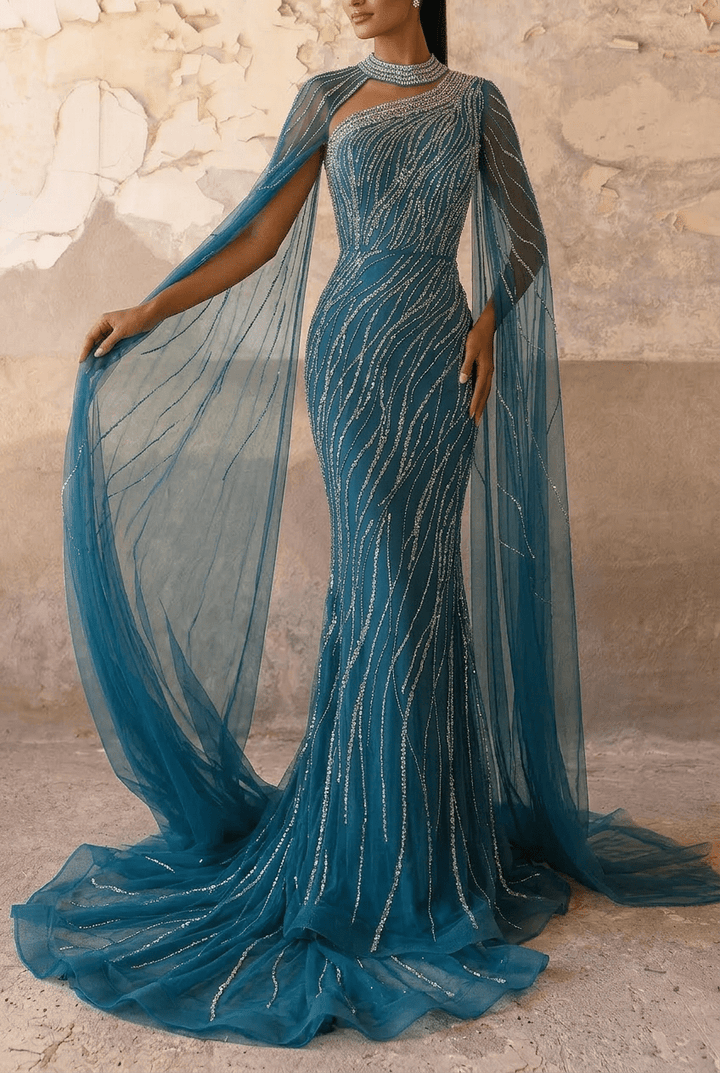 Navy One - Shoulder Sequin Evening Gown with Tulle Cape – Sparkly Maxi Dress with High Neck and Train Plus Size - WonderlandByLilian