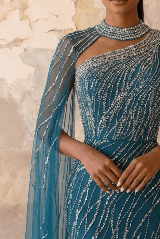 Navy One - Shoulder Sequin Evening Gown with Tulle Cape – Sparkly Maxi Dress with High Neck and Train Plus Size - WonderlandByLilian