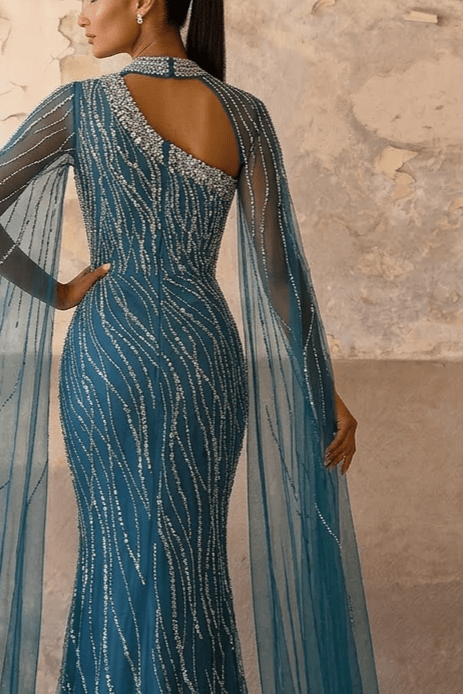 Navy One - Shoulder Sequin Evening Gown with Tulle Cape – Sparkly Maxi Dress with High Neck and Train Plus Size - WonderlandByLilian