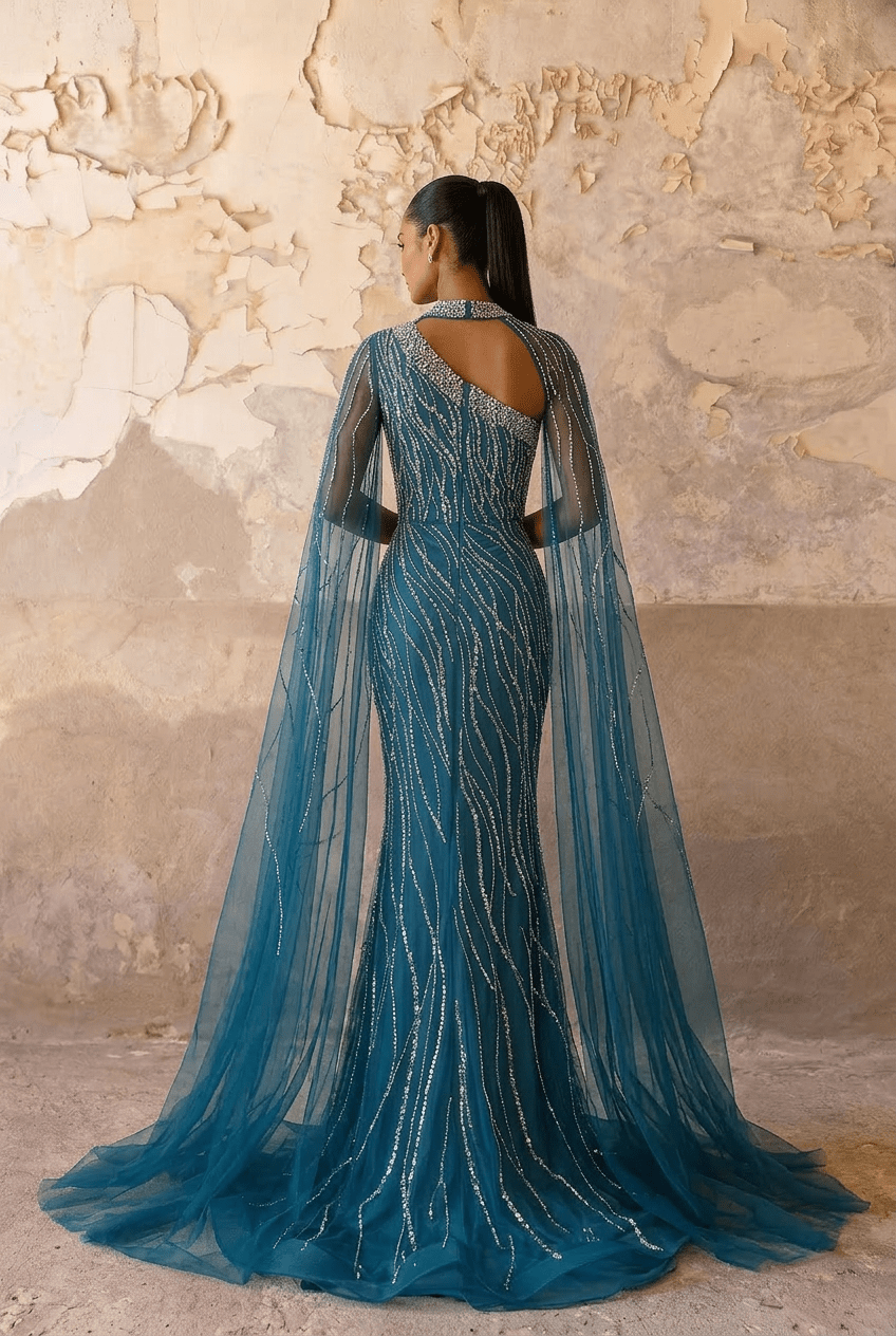 Navy One - Shoulder Sequin Evening Gown with Tulle Cape – Sparkly Maxi Dress with High Neck and Train Plus Size - WonderlandByLilian