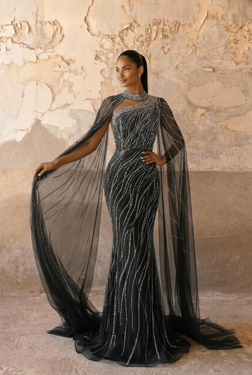Navy One - Shoulder Sequin Evening Gown with Tulle Cape – Sparkly Maxi Dress with High Neck and Train Plus Size - WonderlandByLilian