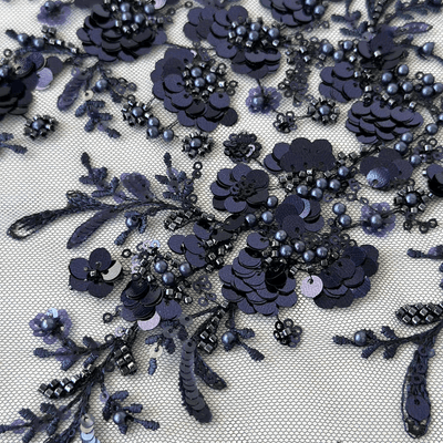 Navy Sequin Embroidered Floral Tulle Lace Fabric - WonderlandByLilian