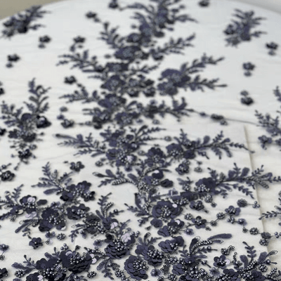 Navy Sequin Embroidered Floral Tulle Lace Fabric - WonderlandByLilian