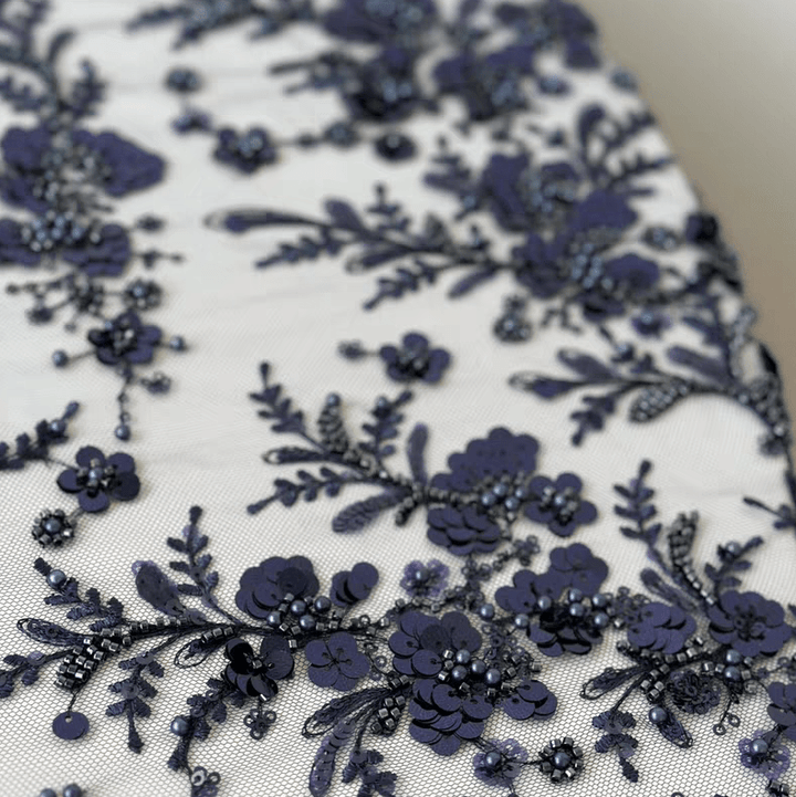 Navy Sequin Embroidered Floral Tulle Lace Fabric - WonderlandByLilian