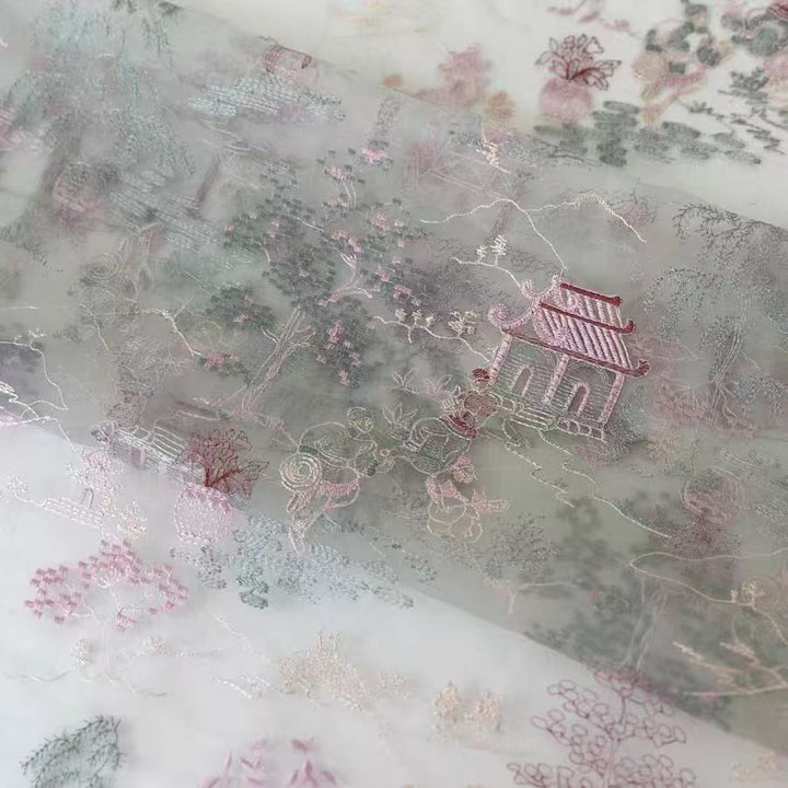 New Chinese Style Sheer Organza Fabric with Scenic Embroidery - WonderlandByLilian