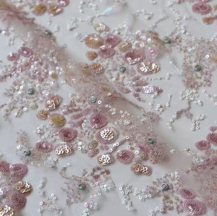 New Pink Sequined Embroidered Mesh Lace Fabric - WonderlandByLilian