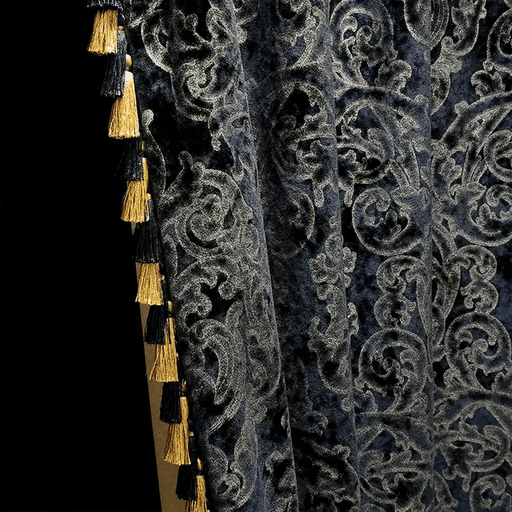 “Nocturne in Gold” Rococo Curtains – Velvet Versailles Drapes with Baroque Tassels for Romantic Home Interiors - WonderlandByLilian