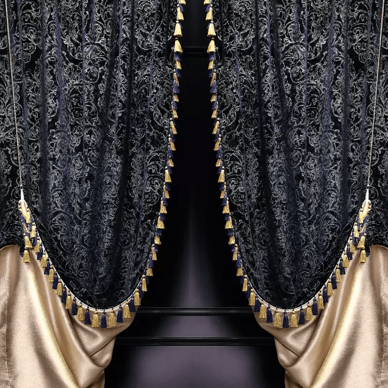 “Nocturne in Gold” Rococo Curtains – Velvet Versailles Drapes with Baroque Tassels for Romantic Home Interiors - WonderlandByLilian