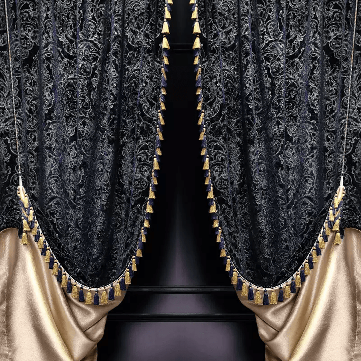 “Nocturne in Gold” Rococo Curtains – Velvet Versailles Drapes with Baroque Tassels for Romantic Home Interiors - WonderlandByLilian